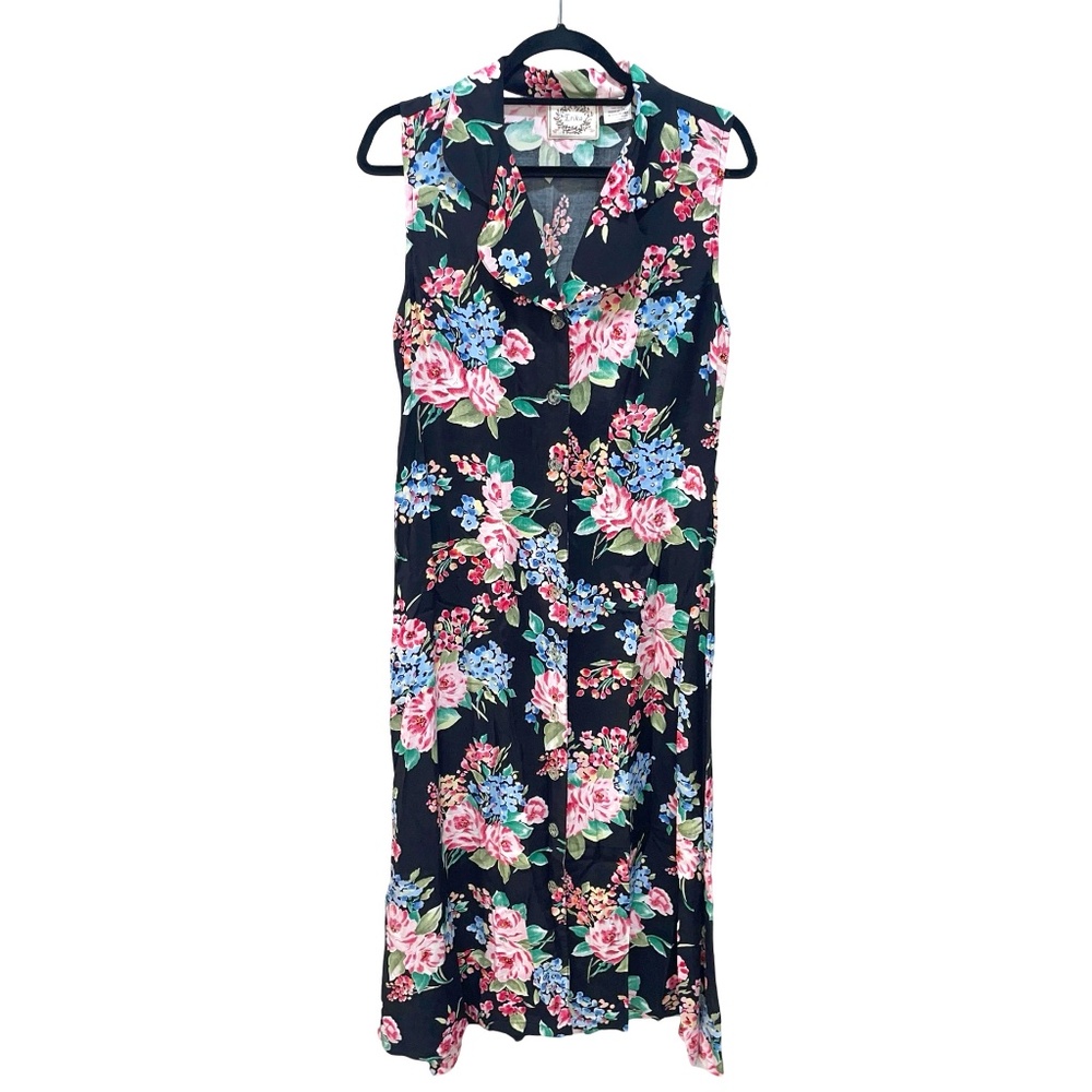 Erika's Women's Vintage Floral Collar Sleeveless Button Down V-Neck Dress Sz M